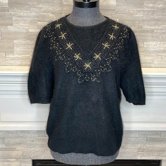 Vintage  Calavini 70s Black Angora Sweater Short Sleeve Beaded Venetian Lace M - Picture 1 of 9